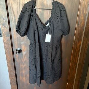 Andree by Unit Black Eyelet Lace Puff Sleeve Mini Dress Plus Size 2X